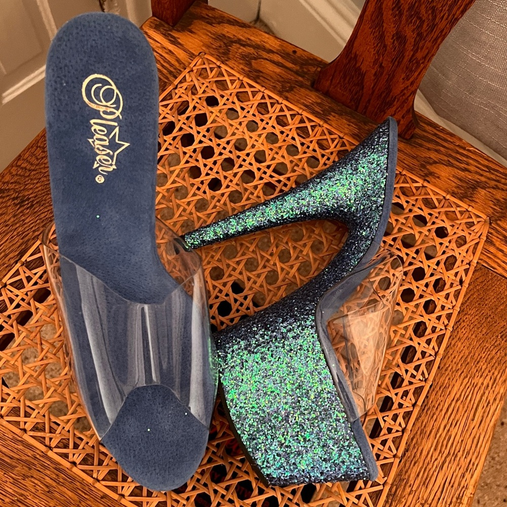6” Pleaser blue sequin heel. Size 12.